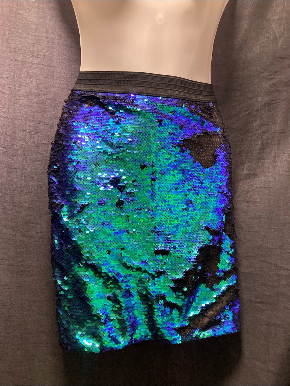 TWIK Iridescent Reversible Sequin Mini Skirt Blue Green M